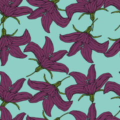 vector illustration seamless pattern purple flowers on a blue background for wallpaper,fabric or furniture