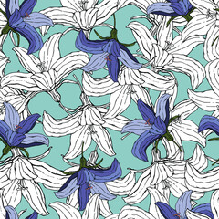 vector illustration seamless pattern,small blue flowers,white flower contour on a light blue background