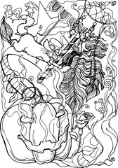 Fototapeta na wymiar vector illustration,autumn festival halloween,pumpkin,cat on a broom,carousel,rose,black and white,poster,postcard,coloring book