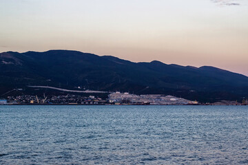 Fototapeta premium background, bay, beach, beautiful, blue, boat, cargo, city, coast, coastline, europe, harbor, industrial, industry, landscape, mediterranean, mountain, nature, ocean, outdoor, port, scenic, sea, ship,