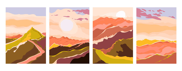 Minimalist abstract landscape illustrations. Set of trendy stylish background mountains for a print poster, cover or web banner, site, mobile application. Beautiful colors of nature. Vector drawing
