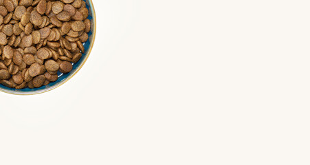 Dog food in bowl, kibble, dry food, copy space