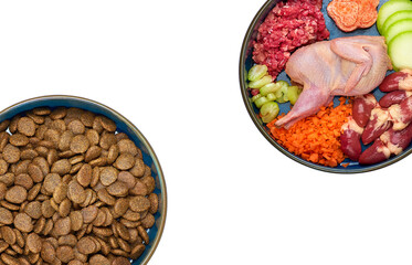 Natural raw dog food and kibble in bowls. Natural dog food or dry food.