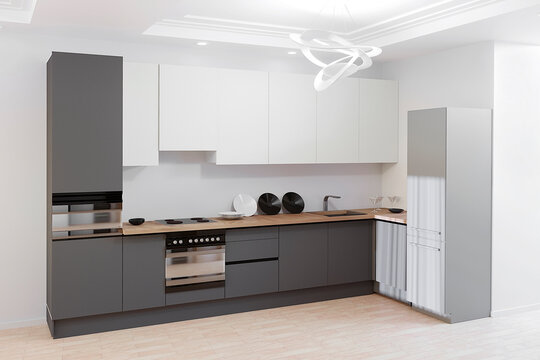 3d render of modern kitchen, white and graphite colors.