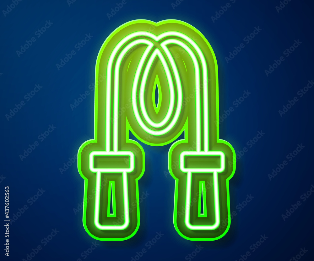 Sticker glowing neon line jump rope icon isolated on blue background. skipping rope. sport equipment. vector