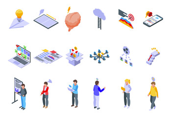 Brainstorming icons set. Isometric set of brainstorming vector icons for web design isolated on white background