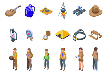 Scouting icons set. Isometric set of scouting vector icons for web design isolated on white background