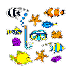 Sea fish collection, snorkeling mask isolated on white background. Fish Set