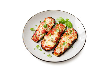 Baked eggplant with mozzarella cheese, chopped tomatoes and fresh basil leaves. Vegetarian food recipe. Isolated on white background.