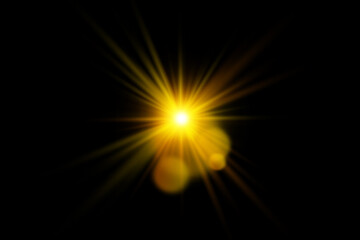 Shining star, the sun particles and sparks with a highlight effect, gold color bokeh lights glitter and sequins. On a dark background transparent