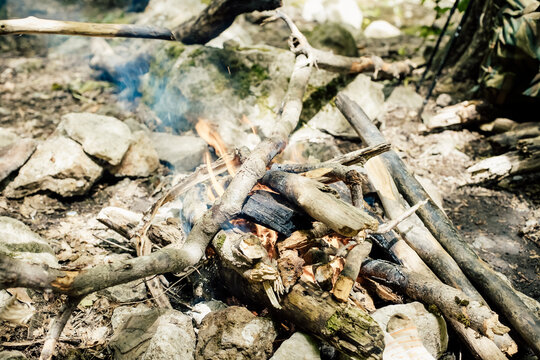 Burning branches with smoke in the forest camp. Flames and smoke. close-up Bonfire. Picnic.