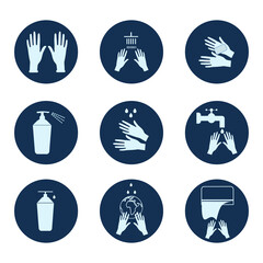 Hygiene icons set. Vector icons of hand washing and antibacterial soap, antiseptic use and sanitation. Wash your hands with soap and water.