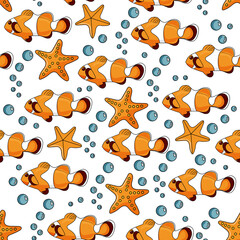 Seamless pattern of Ocellaris Clownfish. Colorful fish pattern. Vector illustration.