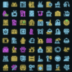 Room service icons set. Outline set of room service vector icons neon color on black