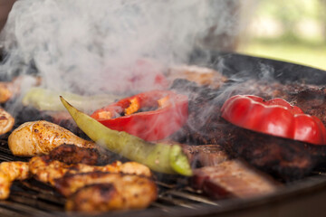 Grilled meat and peppers on the grill,close up with smoke