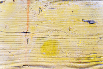 Yellow painted weathered old wooden plank texture background with cracks and stains