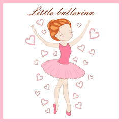 Little ballerina greeting card and party invitation, vector illustration, hand drawn style.