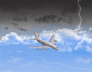 Fototapeta na wymiar An airliner jet is seen from above as a lightning storm approaches in the background. This is a 3-d illustration.