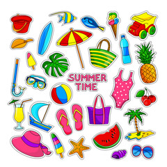 Large summer set with toys, fish, umbrella, palm. Isolated objects on a white background. Summer Vacation Icons. Vector illustration.