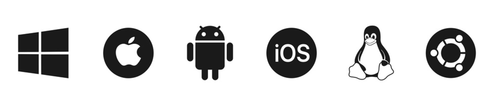 OS black logo set : Windows, Mac OS, Android, Apple IOS, Linux, Ubuntu. Modile and desktop Operating-System . OS logotype icons vector collection.