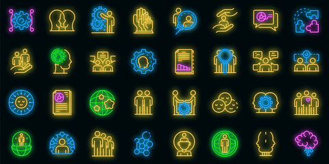 Sociology icons set. Outline set of sociology vector icons neon color on black