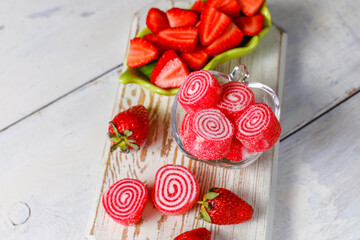 Colorful jelly candies with strawberries.
