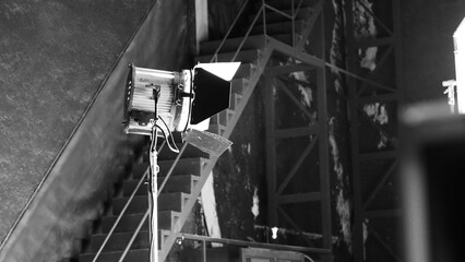 Studio light equipments for photo or film movie video. Light set for professional shooting and screen background. LED Flood light and Spot light for video production. Setup include Barn door softbox.