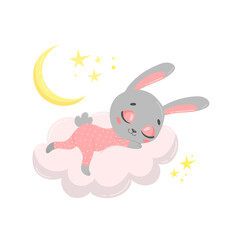 Vector illustration of a cute cartoon bunny sleeping on a cloud. Baby animals are sleeping.