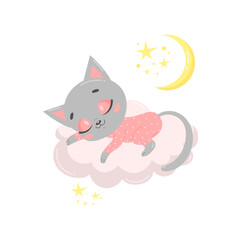 Vector illustration of a cute cartoon cat sleeping on a cloud. Baby animals are sleeping.