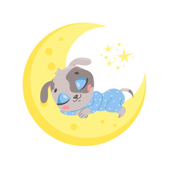 Vector illustration of a cute cartoon dog sleeping on the moon. Baby animals are sleeping.