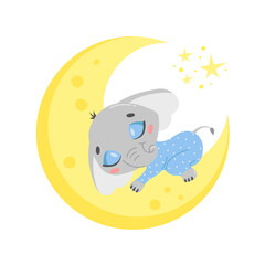 Vector illustration of a cute cartoon elephant sleeping on the moon. Baby animals are sleeping.