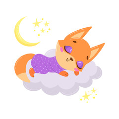 Vector illustration of a cute cartoon fox sleeping on a cloud. Baby animals are sleeping.