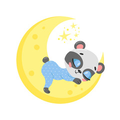 Vector illustration of a cute cartoon panda sleeping on the moon. Baby animals are sleeping.