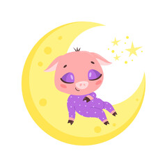 Vector illustration of a cute cartoon pig sleeping on the moon. Baby animals are sleeping.