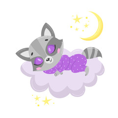 Vector illustration of a cute cartoon raccoon sleeping on a cloud. Baby animals are sleeping.