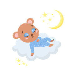Illustration of a cute cartoon bear sleeping on a cloud. Baby animals are sleeping.