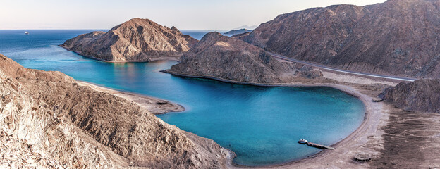 Panoramic view Fjord Bay and mountains  in Taba, South Sinai, Egypt.