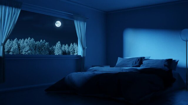 animation of bedroom with cozy low bed in the full moon night
