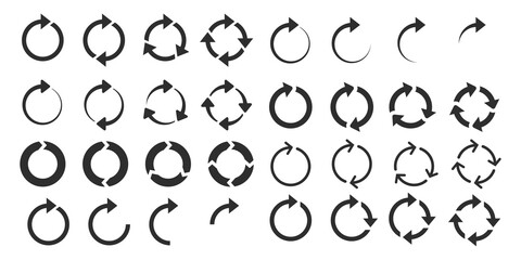 Circle arrows icon set. Rotate arrow symbols. Round recycle, refresh, reload or repeat icon. Modern simple arrows. Vector illustration.