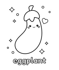 Fototapeta premium Cute cartoon eggplant. Coloring page for kids. Healthy food. Kawaii character. Learn vegetables. Black and white outline vector illustration.