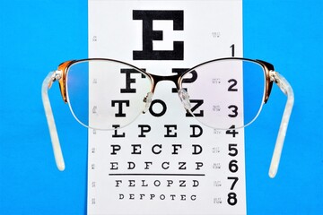 Vision check. eye chart table for visual acuity diagnostics, glasses with diopters for correction...