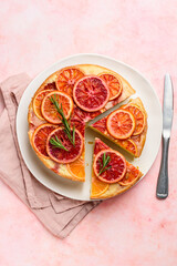 Blood orange upside down cake or pie  on a plate. Fruit citrus baking. TRop bview