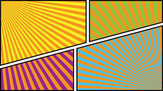 Comic panels . Comics book page template size 16:9 . Colorful backdrops with radial rays.