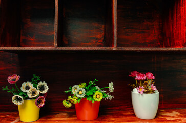 House decoration, flower pots. Little and rustic decoration on wooden furniture. Backgrounds.