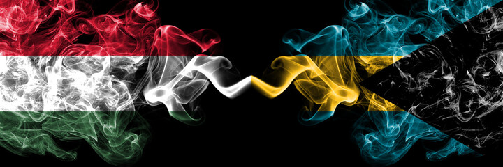 Hungary, Hungarian vs Bahamas, Bahamian smoky flags side by side.