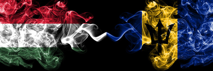 Hungary, Hungarian vs Barbados, Barbadian smoky flags side by side.