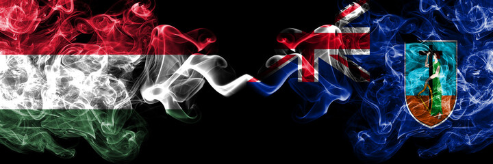 Hungary, Hungarian vs British, Britain Montserrat smoky flags side by side.