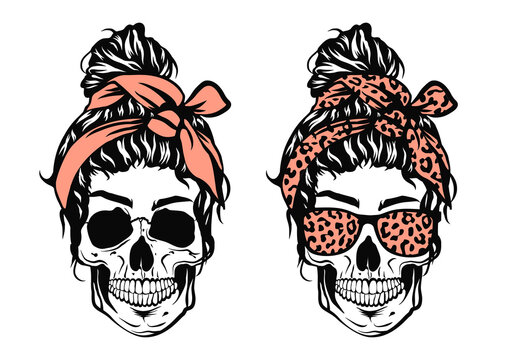 Skull with messy bun and bandana. Skull with leopard sunglasses.
