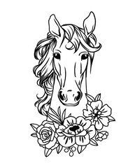 Horse with flowers. Floral horse. Horse head. Vector illustration.