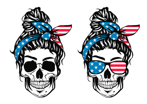 Skull with messy bun and bandana. Skull with american flag print. Independence day.